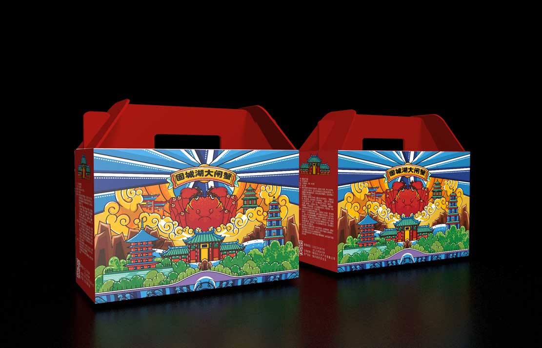 红蓝色大闸蟹手提瓦楞纸通用款包装礼盒设计制作加工定制生产厂家